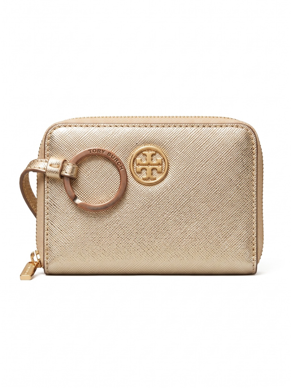 Tory Burch Textured Wallet Coin Pouch Gold Zip Around Key Chain Logo Mini 4.5x3
